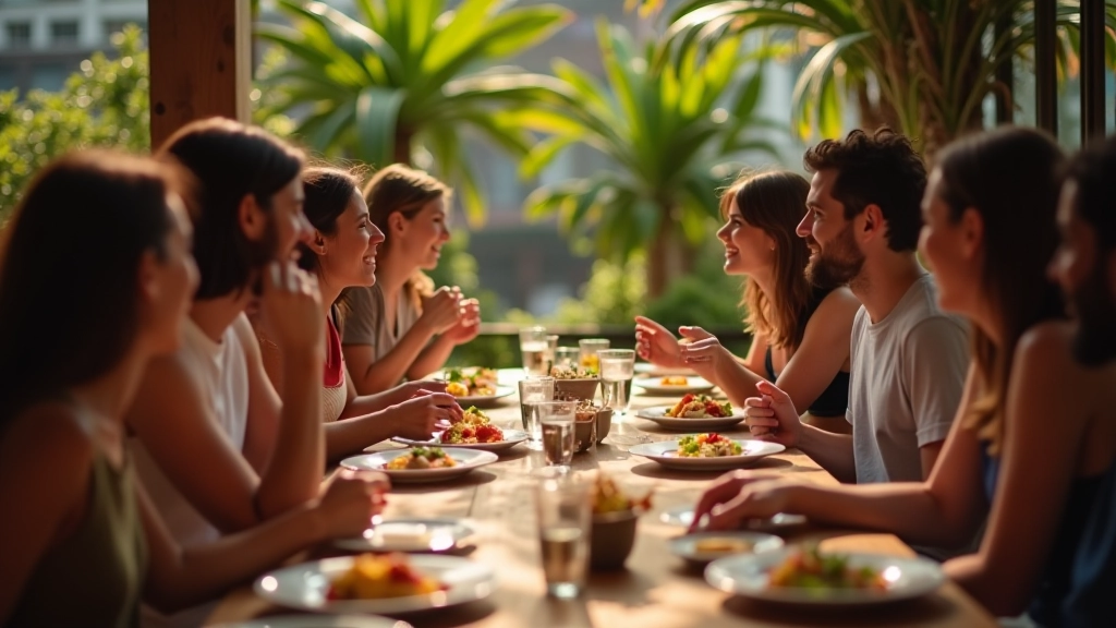 Diverse group of friends sharing a meal at a communal café table in Turkey