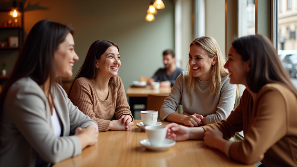 Diverse group of friends sitting together at a communal café table with coffee cups and plates