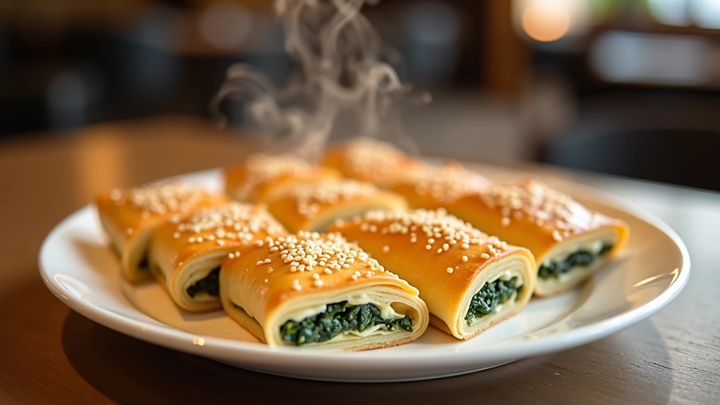 Warm Turkish börek and pastries fresh from oven, layered phyllo dough with cheese and spinach filling, dusted with sesame seeds on ceramic plate