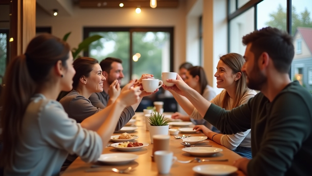 Group of friends at weekend brunch table with coffee, pastries, and fresh fruit, laughing and enjoying each other's company