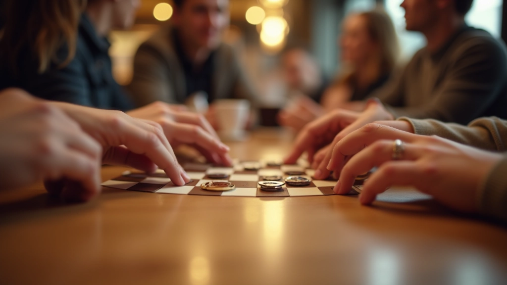 Close-up of hands placing game pieces on a board during active gameplay with other players watching, casual café table setting