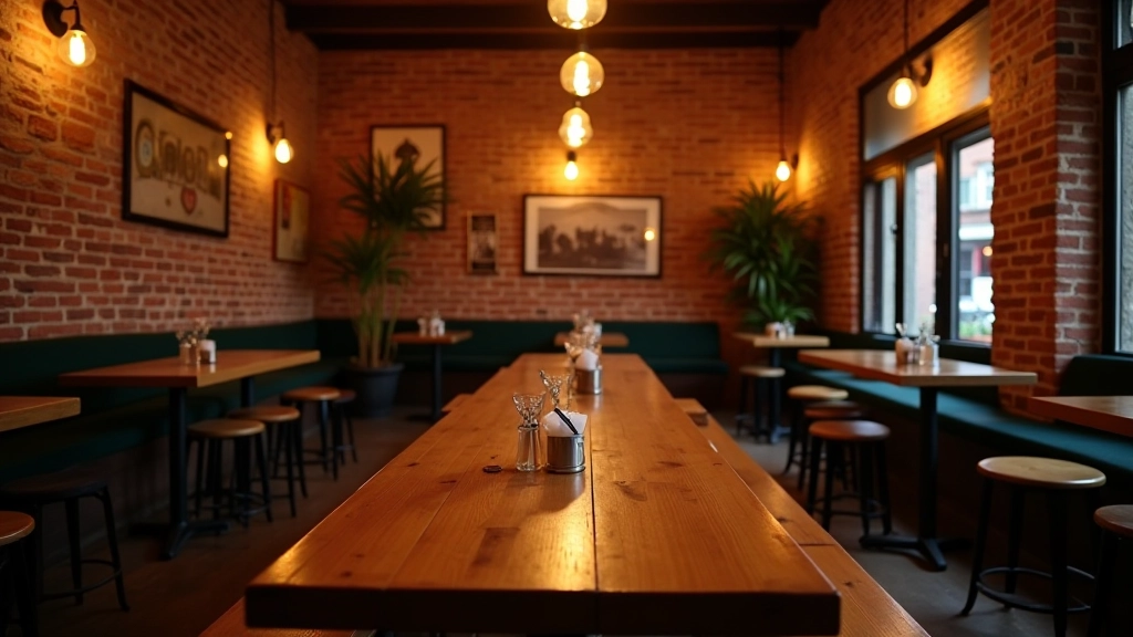 Interior of a cozy café with exposed brick walls, Edison bulb lighting, and a large communal wooden table with comfortable seating for groups