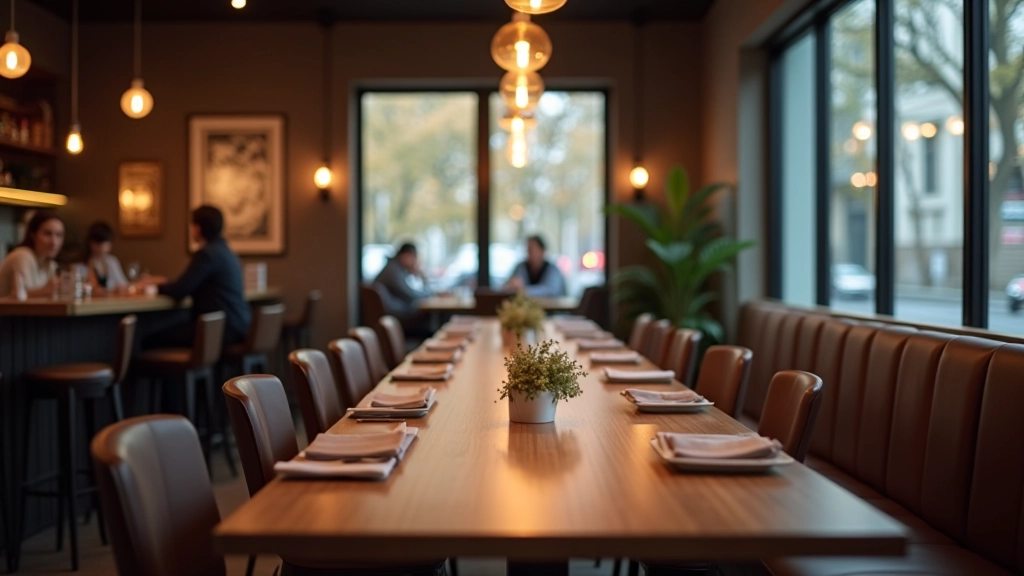 Interior of a spacious Istanbul café with communal wooden table and large windows, comfortable seating area, warm lighting, modern décor