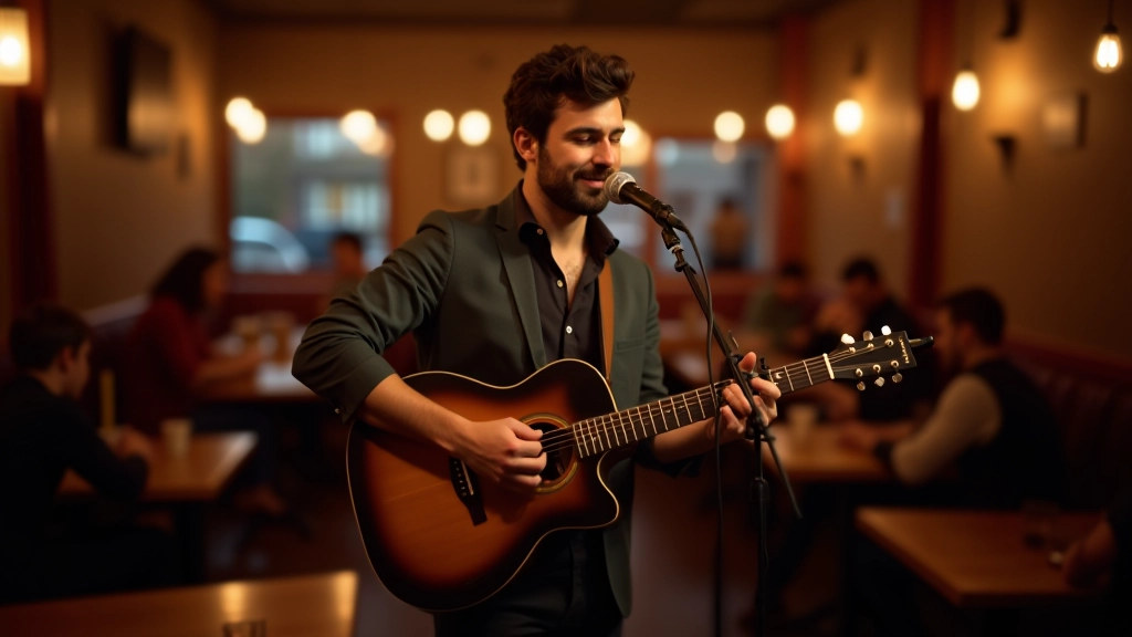 Musicians performing live acoustic set in a cozy café with board games visible on nearby tables