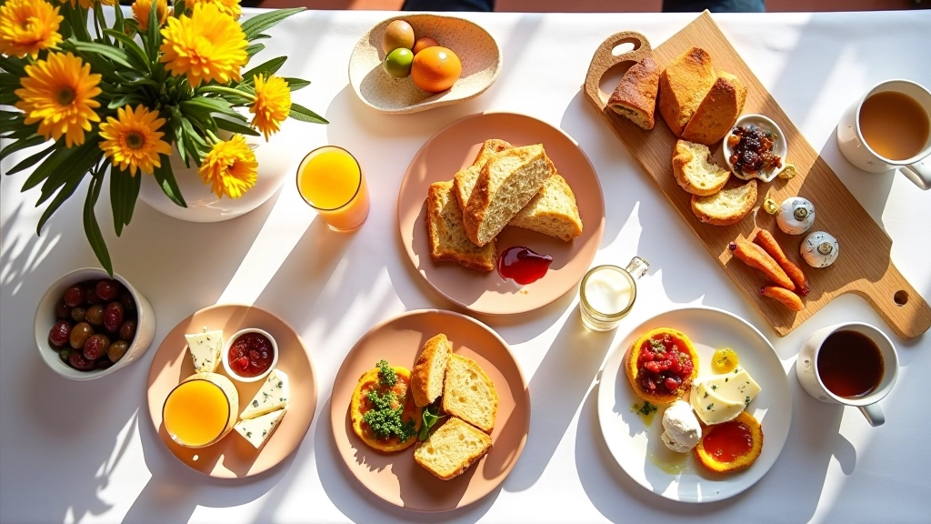 Overhead view of a weekend brunch table with multiple shared plates, pastries, cheeses, jams, fresh juices and coffee cups