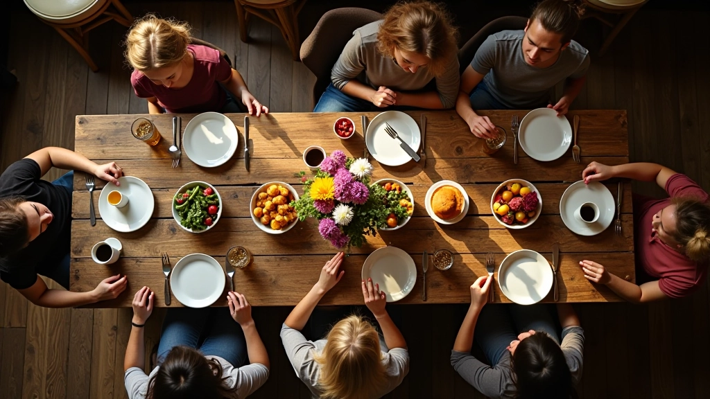 Overhead view of a large wooden communal table with multiple place settings, fresh flowers in center vase, and friends gathered around eating and chatting