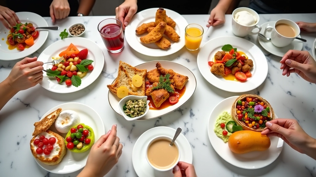Overhead view of shared brunch spread with multiple dishes, pastries, and drinks on a wooden table