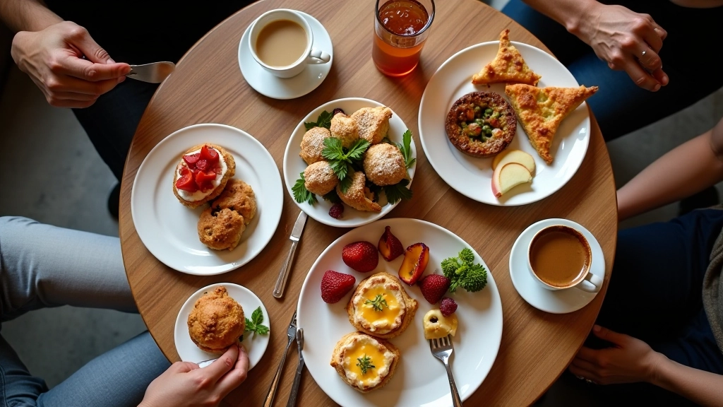 Brunch spread with sharing plates and warm drinks