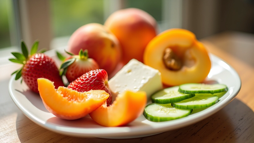 Seasonal Turkish breakfast fruits including strawberries, apricots, and figs arranged with fresh cucumber slices and white cheese on white serving platter