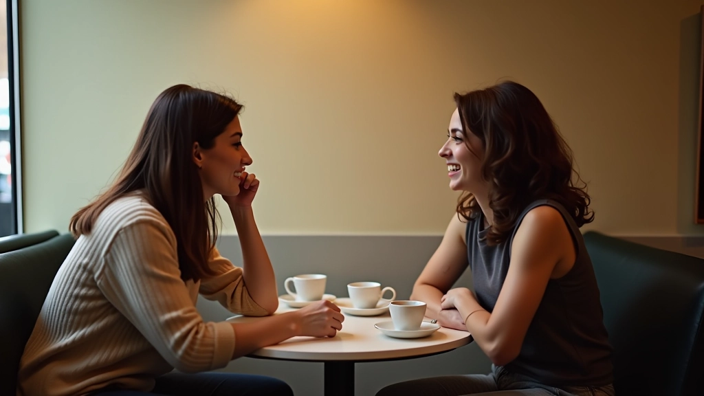 Two friends having a casual coffee conversation at a neighborhood café table with espresso cups and pastries