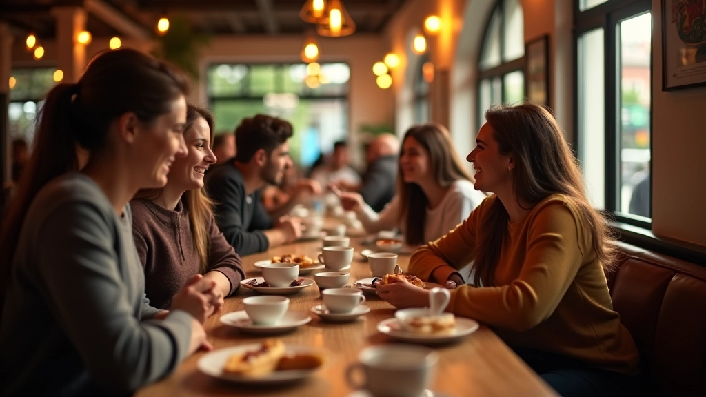 Friends enjoying coffee and conversation at a modern café with communal seating